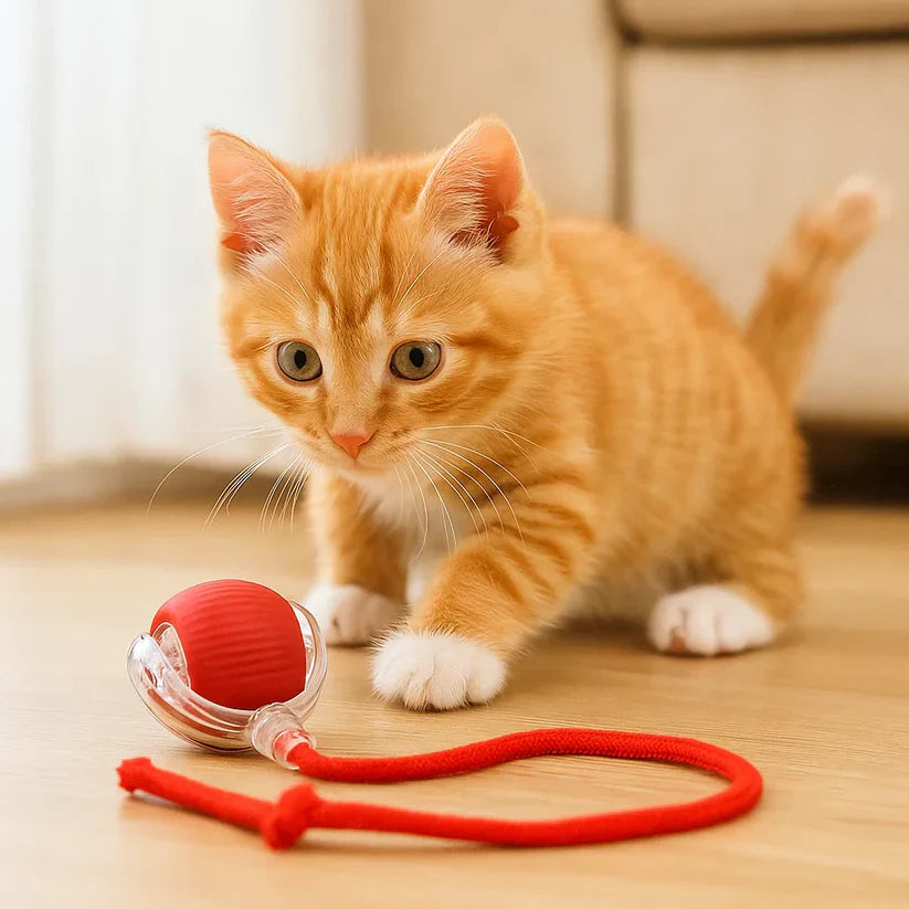 Kaķu rotaļlieta – lēkājoša bumbiņa ar virvi